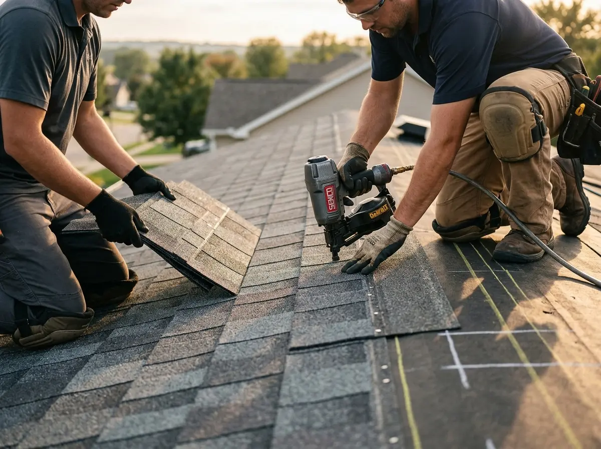 Professional roofer working on a residential roof in Carlstadt
